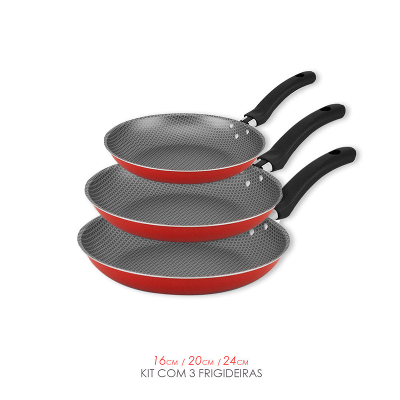 Kit 3 Frigideiras Antiaderente Vermelho Cereja - Presente Park