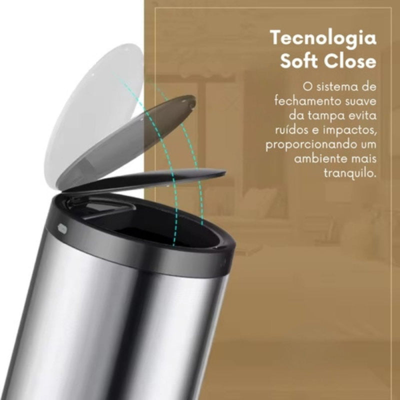 Lixeira Automática Redonda em Aço Inox 50 Litros com Sensor - Presente Park
