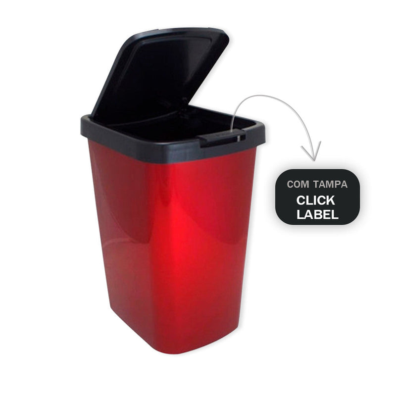 Lixeira Cesto 9 Litros com Tampa Click Label Vermelha Metalizada - Presente Park