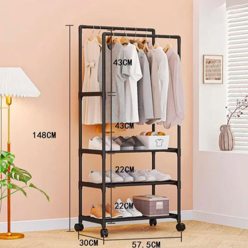 Arara de Roupas Cabideiro Duplo Multiuso com 3 Prateleiras Organizadoras de Piso Chão