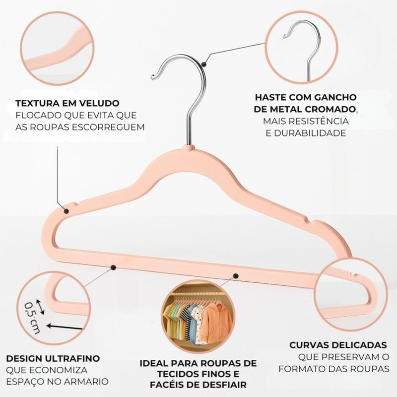 Kit 100 Cabide Infantil de Veludo Antideslizante Slim Ultrafino para Roupa Calça Camiseta de Bebe