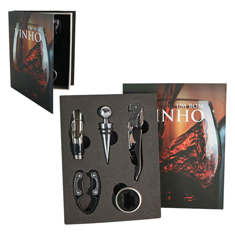 Kit Vinho Abridor Dosador Saca Rolhas Tampa Livro 05 Peças - Presente Park