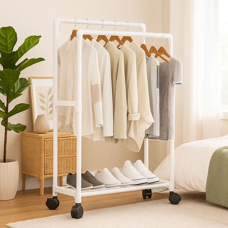 Cabideiro Duplo Arara de Roupas Móvel com Rodinhas Multiuso para Quarto Closet