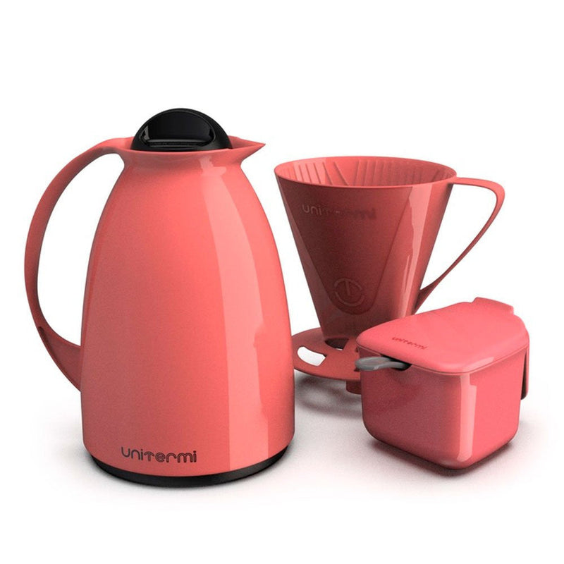 Garrafa Termica Café Kit Pratico Açucareiro + Suporte Filtro Cor Rosa - Presente Park