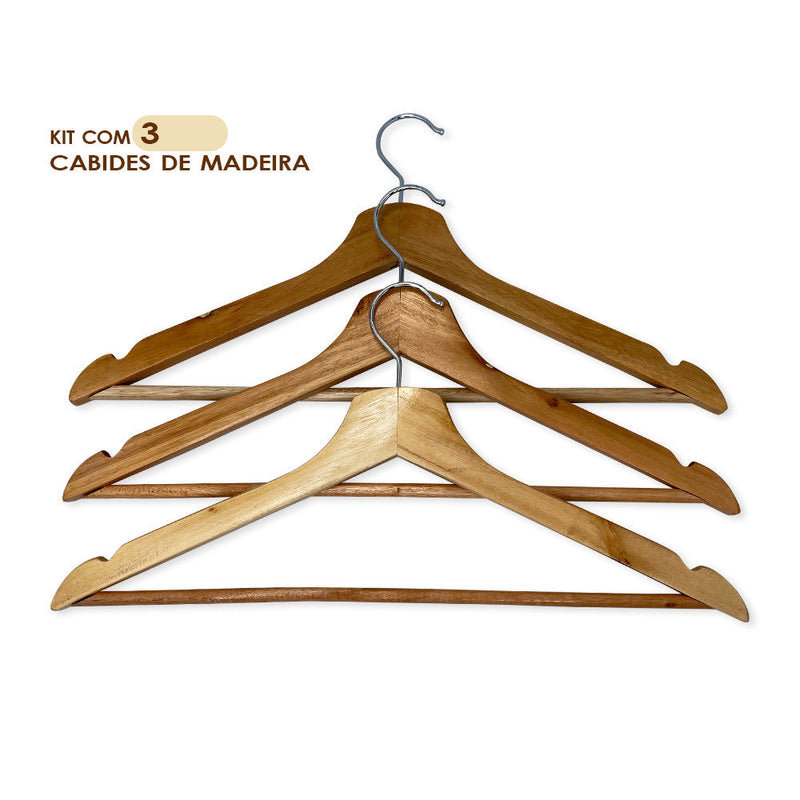 Kit 3 Unidades Cabide De Madeira Marfim com Verniz - Presente Park
