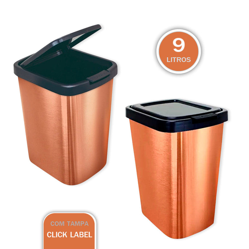 Lixeira Cesto 9 Litros com Tampa Click Label Bronze Metalizado - Presente Park