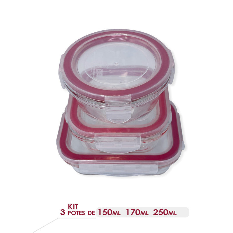 Conjunto 3 Potes De Vidro Com Tampa Hermética 150ml/170ml/250ml - Presente Park