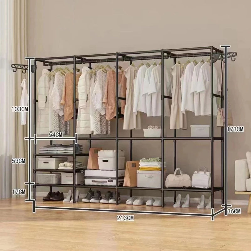 Guarda Roupa Portátil Aberto Arara Desmontável Multifuncional Sapateira de Chão 4 Colunas