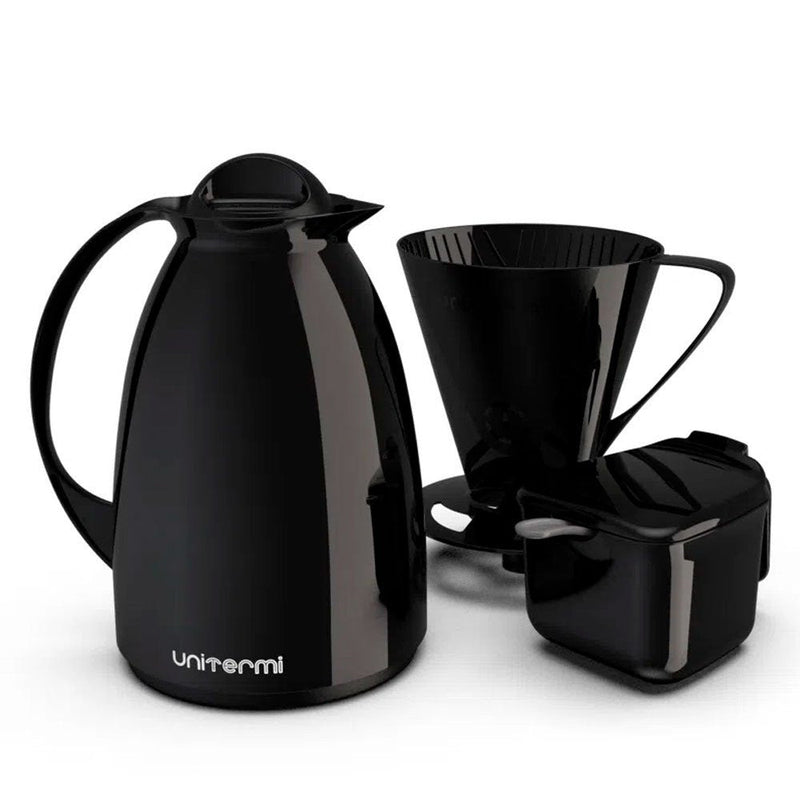 Kit Garrafa Termica Café Prático com Açucareiro com Colher e Suporte para Filtro - Preto - Presente Park
