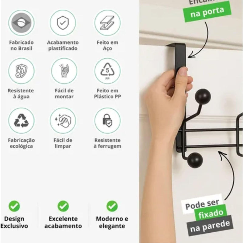 Organizador Cabideiro de Parede Porta com 8 Ganchos Suporte para Pendurar Roupas Toalhas Bolsas