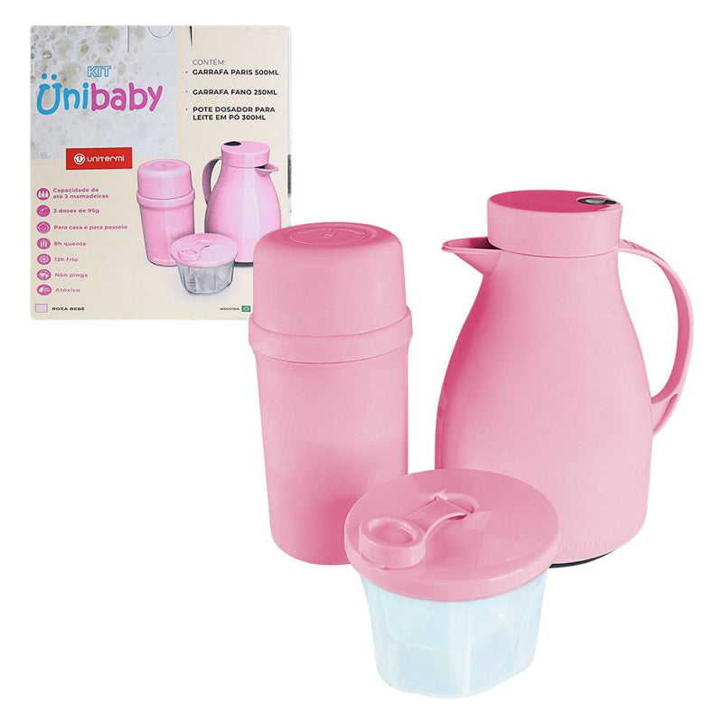 Kit Garrafa Paris 500ml Garrafa Fano 250ml e Pote Dosador 300ml Unibaby Rosa - Presente Park