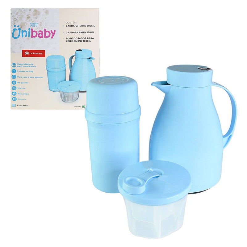 Kit Garrafa Paris 500ml Garrafa Fano 250ml e Pote Dosador 300ml Unibaby Azul - Presente Park