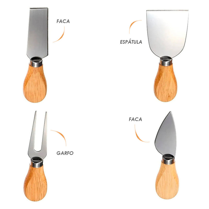 Conjunto Jogo P/ Cortar Queijo 4 Pçs Inox Kit Facas Espátula - Presente Park