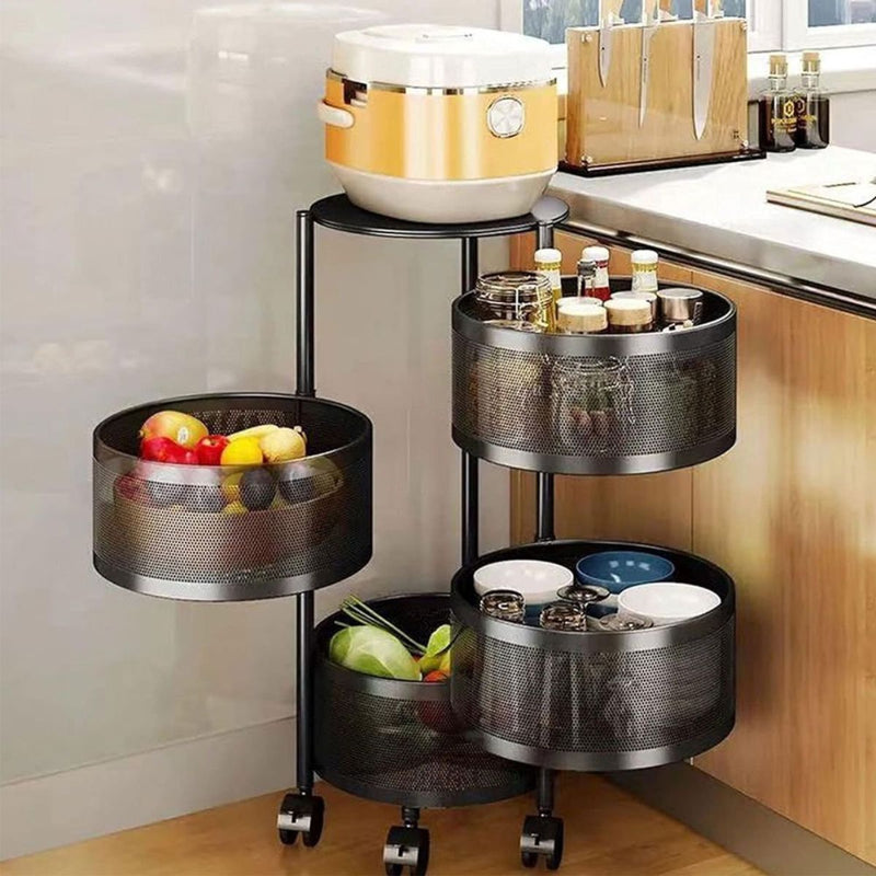 Fruteira De Chão Cestos Organizador Articulado Para Cozinha Vertical Com Rodas 4 Andares Giratório Cestos Rodinhas Redonda - Presente Park