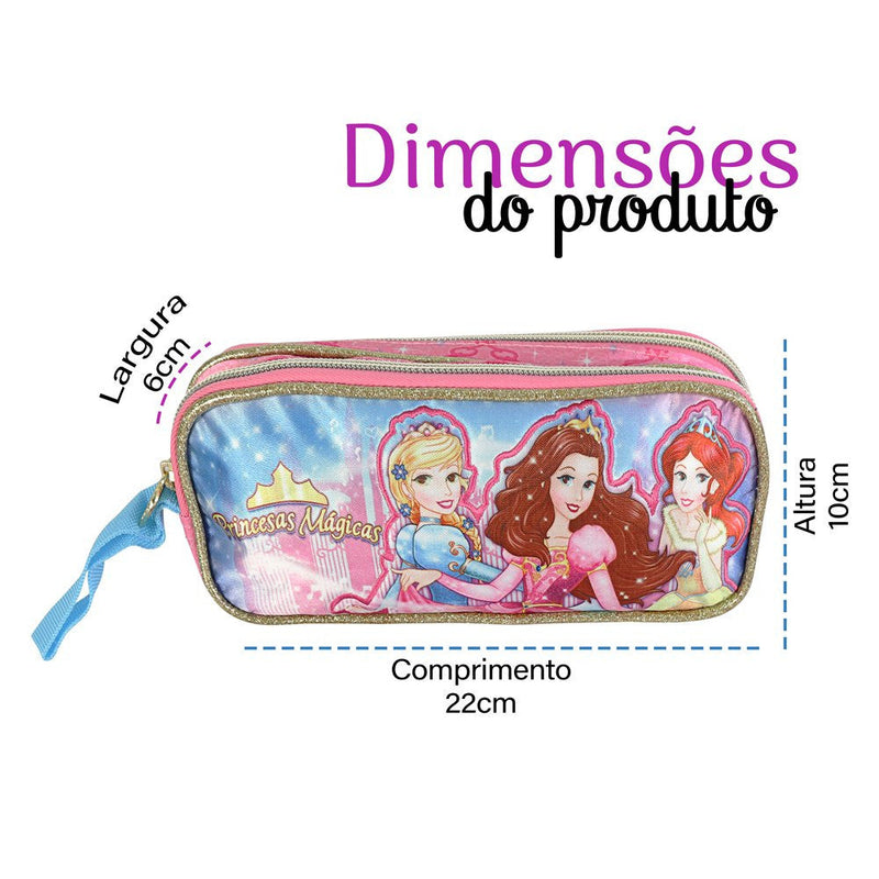 Estojo Escolar Princesas Mágicas com 2 Compartimentos - Presente Park