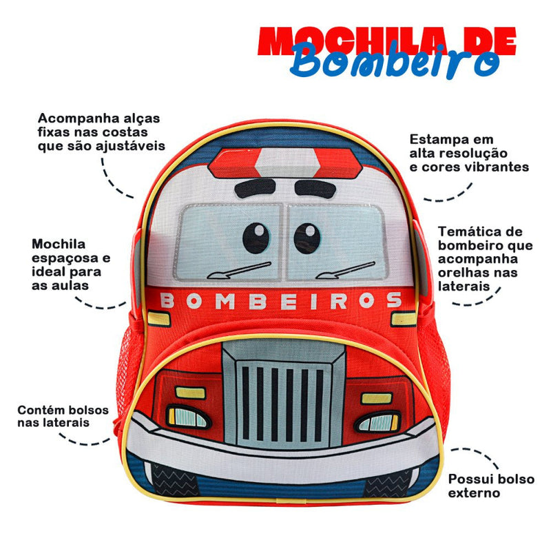 Mochila Infantil Com Alças - Bombeiro - Presente Park