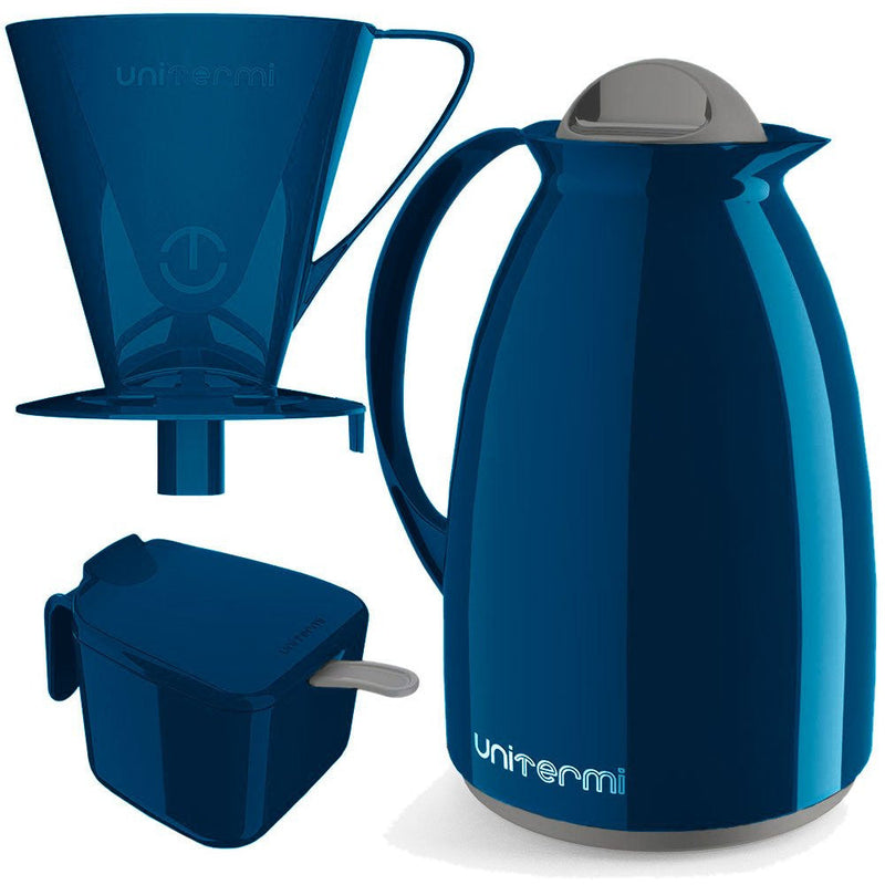 Kit Garrafa Termica Café Prático com Açucareiro com Colher e Suporte para Filtro - Azul - Presente Park