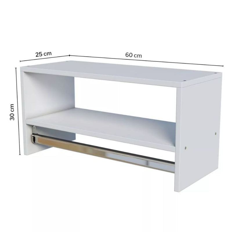 Cabideiro Arara de Parede para Roupas 60cm com Nicho Madeira MDF Metal Quarto Closet Loja