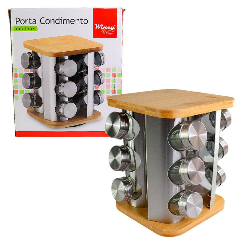 Porta Condimentos Giratório Inox com Base de Bambu 12 Potes 90ml - Presente Park