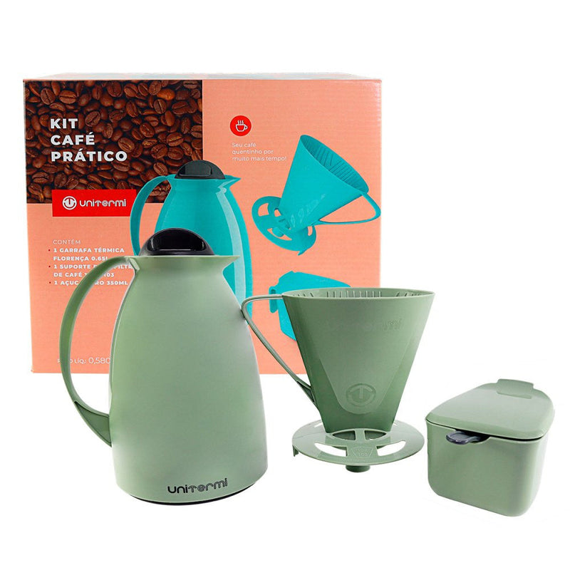 Kit Garrafa Termica Café Prático com Açucareiro com Colher e Suporte para Filtro - Verde - Presente Park