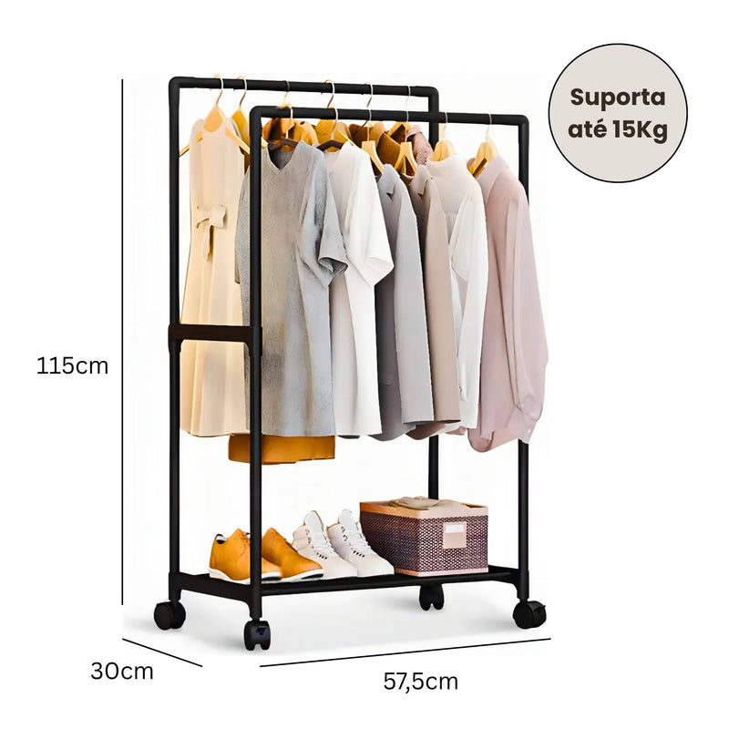 Cabideiro Duplo Arara de Roupas Móvel com Rodinhas Multiuso para Quarto Closet