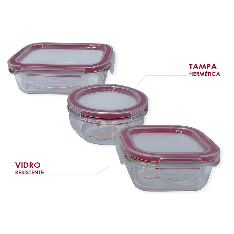 Conjunto 3 Potes De Vidro Com Tampa Hermética 150ml/170ml/250ml - Presente Park