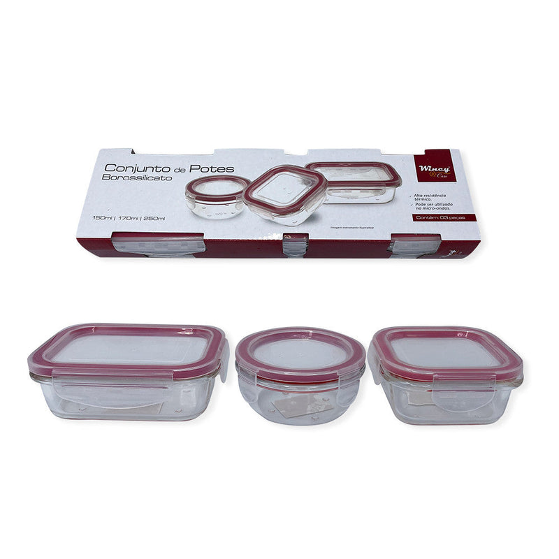 Conjunto 3 Potes De Vidro Com Tampa Hermética 150ml/170ml/250ml - Presente Park