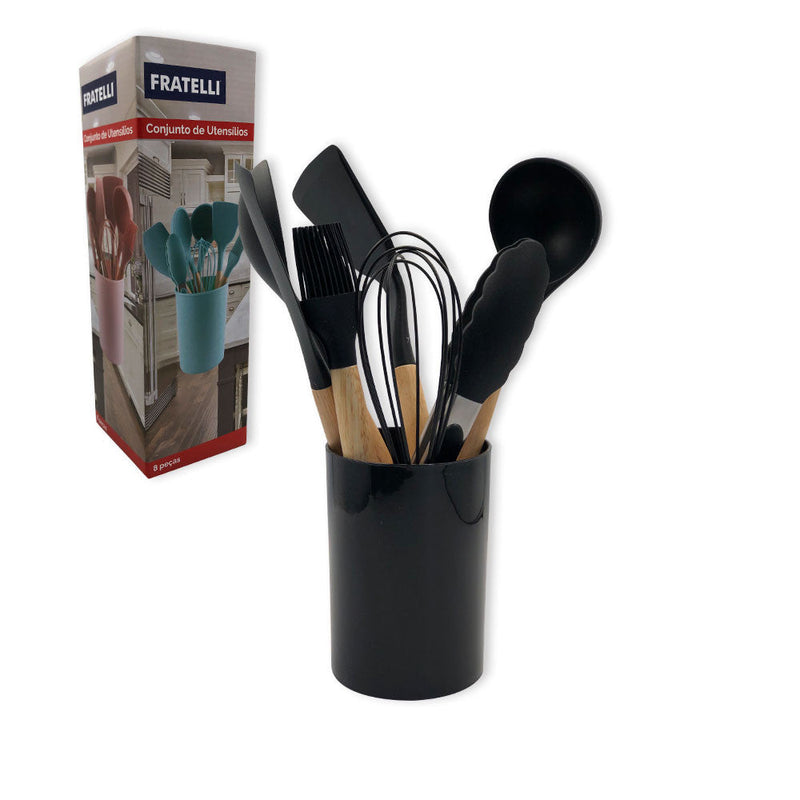 Conjunto de Utensilios Silicone 8 Peças - Preto - Presente Park