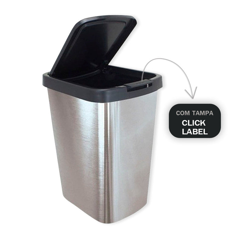 Lixeira Cesto 9 Litros com Tampa Click Label Cinza Inox - Presente Park