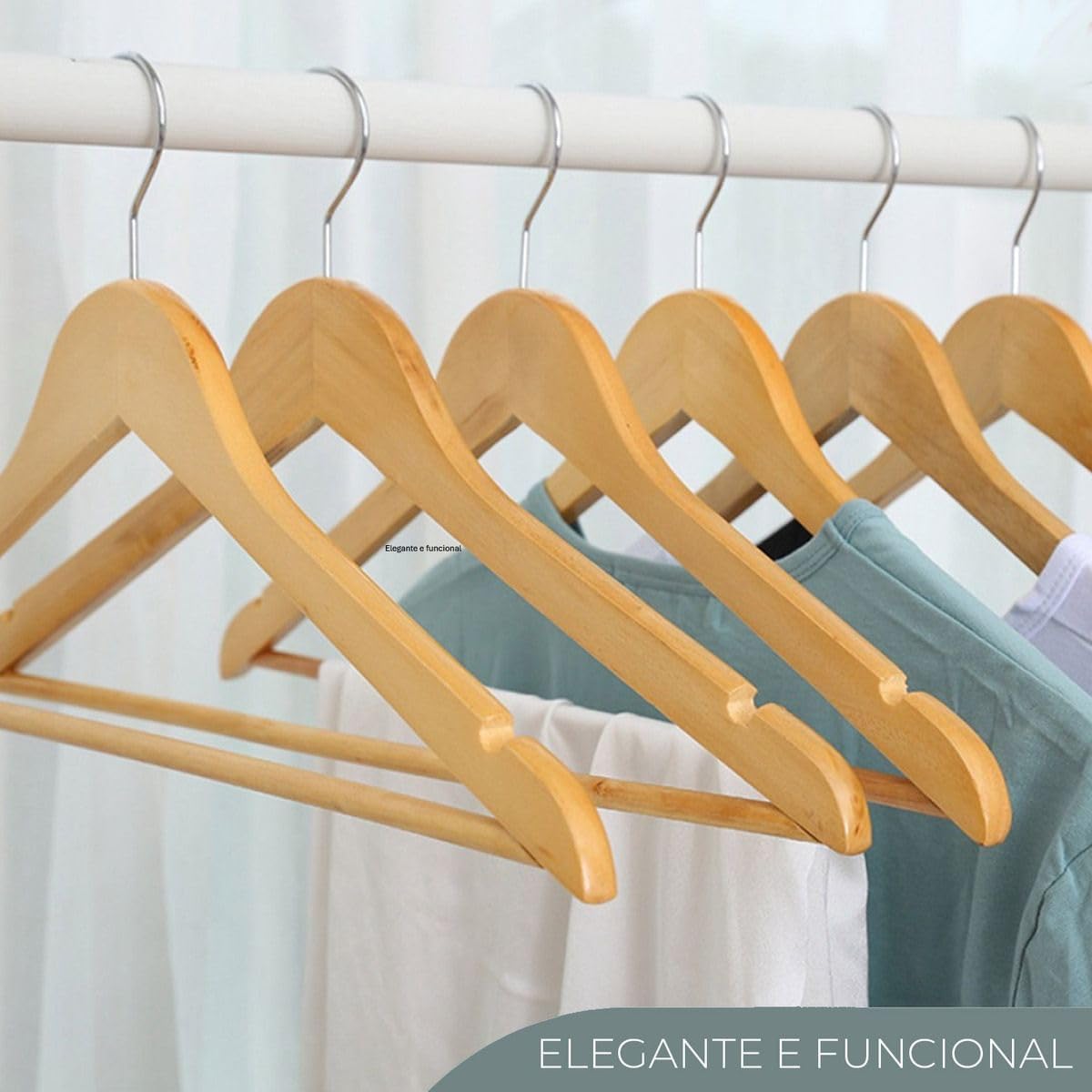 Kit 30 Cabides de Madeira Wellmix Adulto Slim Envernizados com Barra Antideslizante para Roupas - Imagem 7