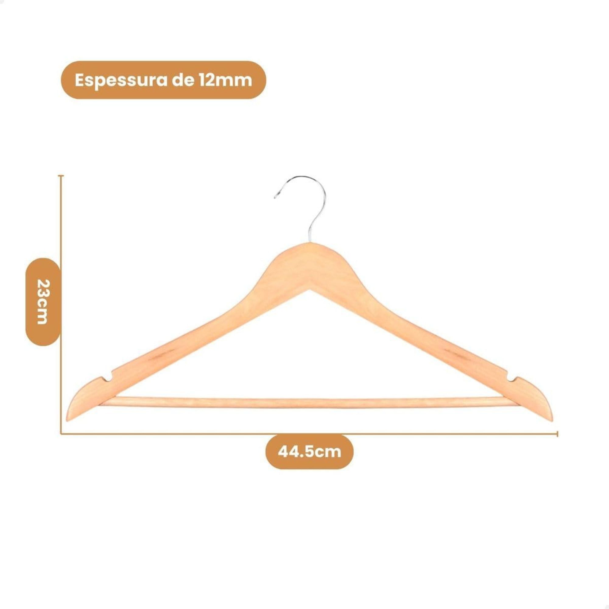 Kit 3 Cabides de Madeira Adulto Slim Envernizados com Barra Antideslizante e Rachadura para Alça - Imagem 2