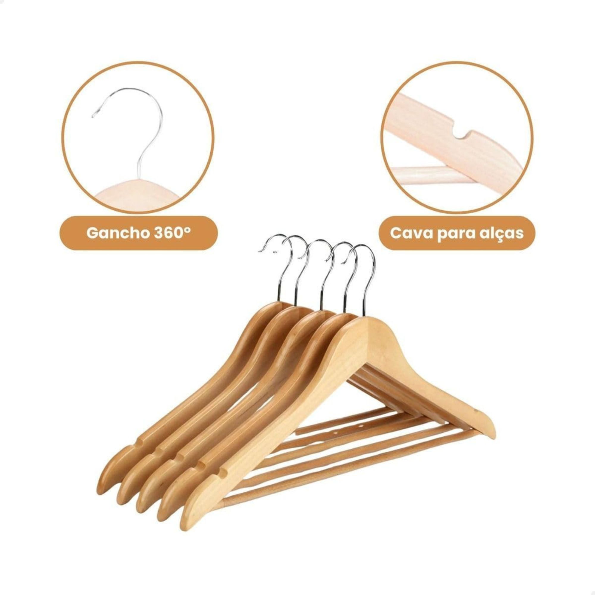 Kit 21 Cabides de Madeira Adulto Slim Envernizados com Barra Antideslizante e Rachadura para Alça - Imagem 4