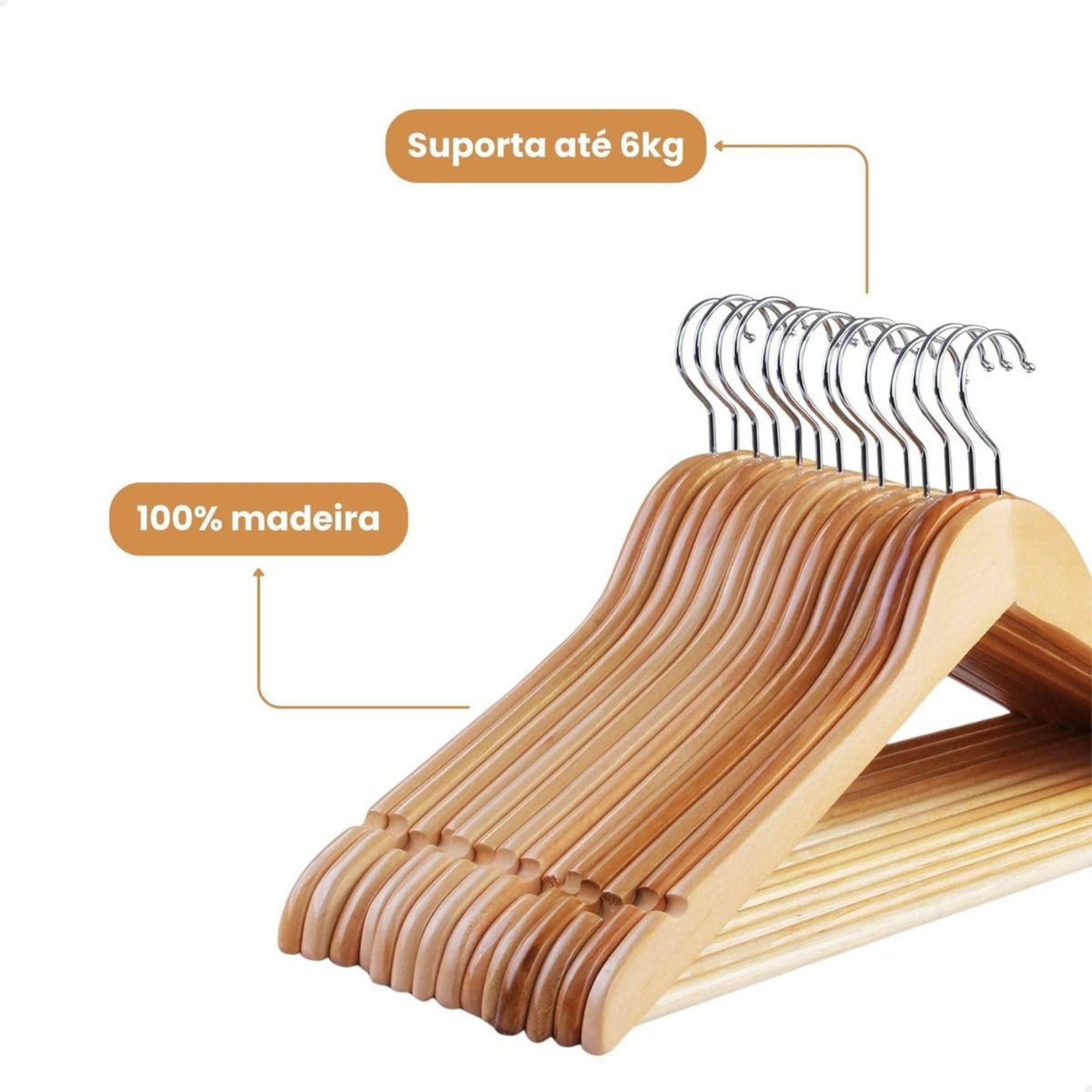 Kit 21 Cabides de Madeira Adulto Slim Envernizados com Barra Antideslizante e Rachadura para Alça - Imagem 5