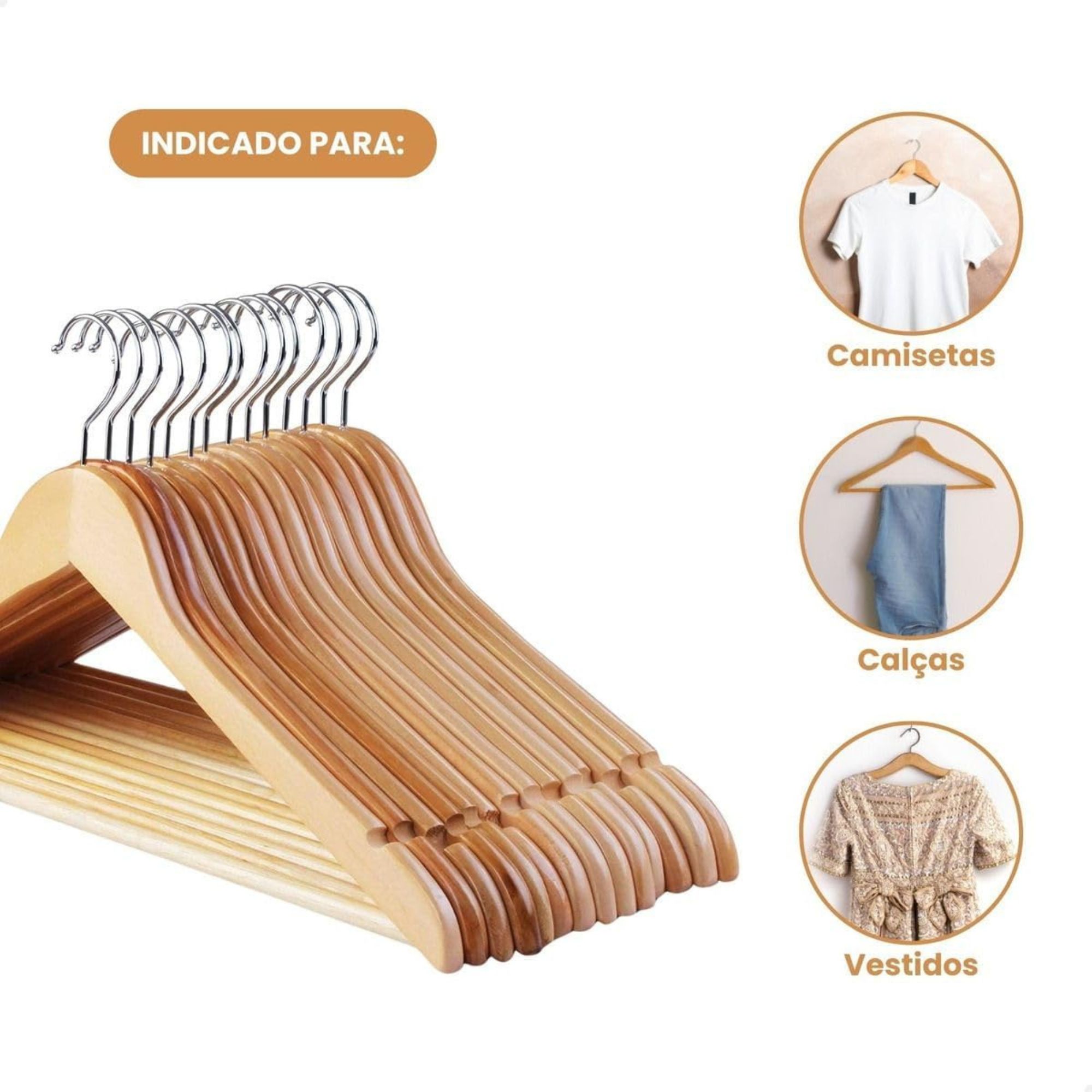 Kit 12 Cabides de Madeira Top Rio Adulto Slim Envernizados com Barra Antideslizante - Imagem 3