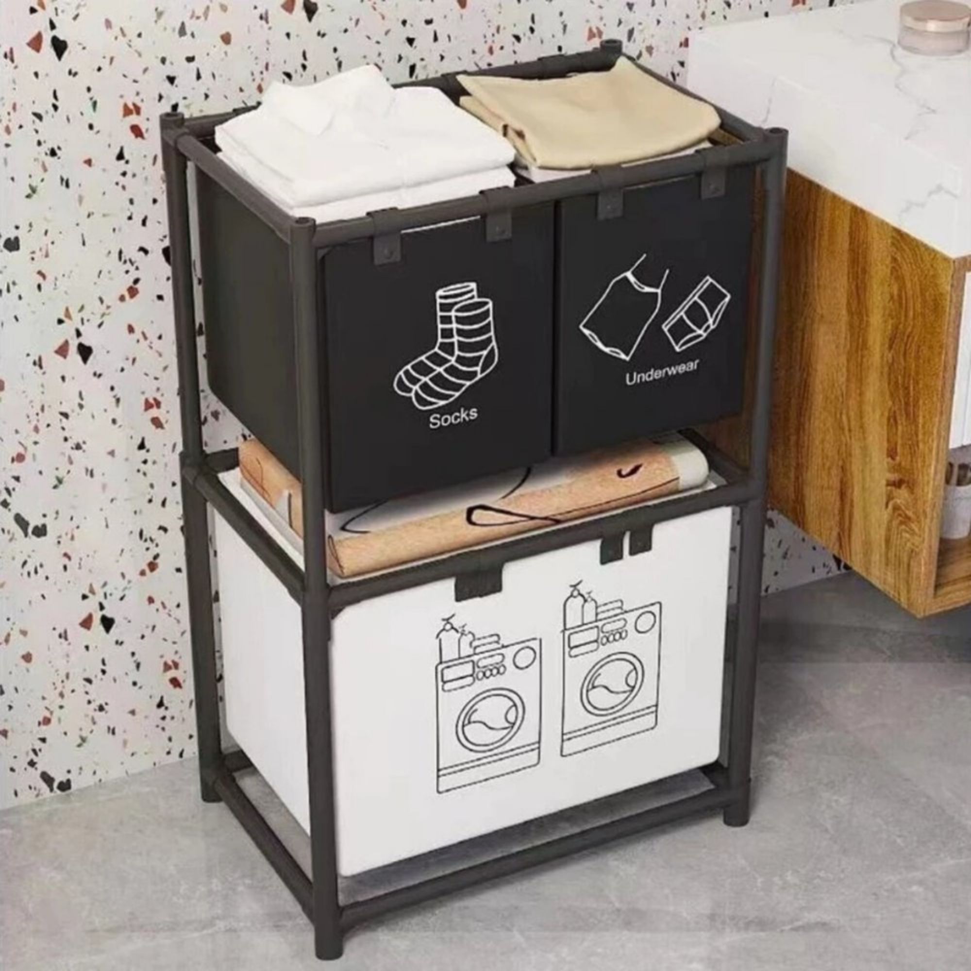 Cesto de Roupa Suja com Organizador Prateleira de Armazenamento de Brinquedos para Quarto Multiuso