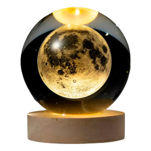 Luminária de Mesa Decorativa Led Globo Esfera Cristal Base Madeira Galáxias Planetas Lua