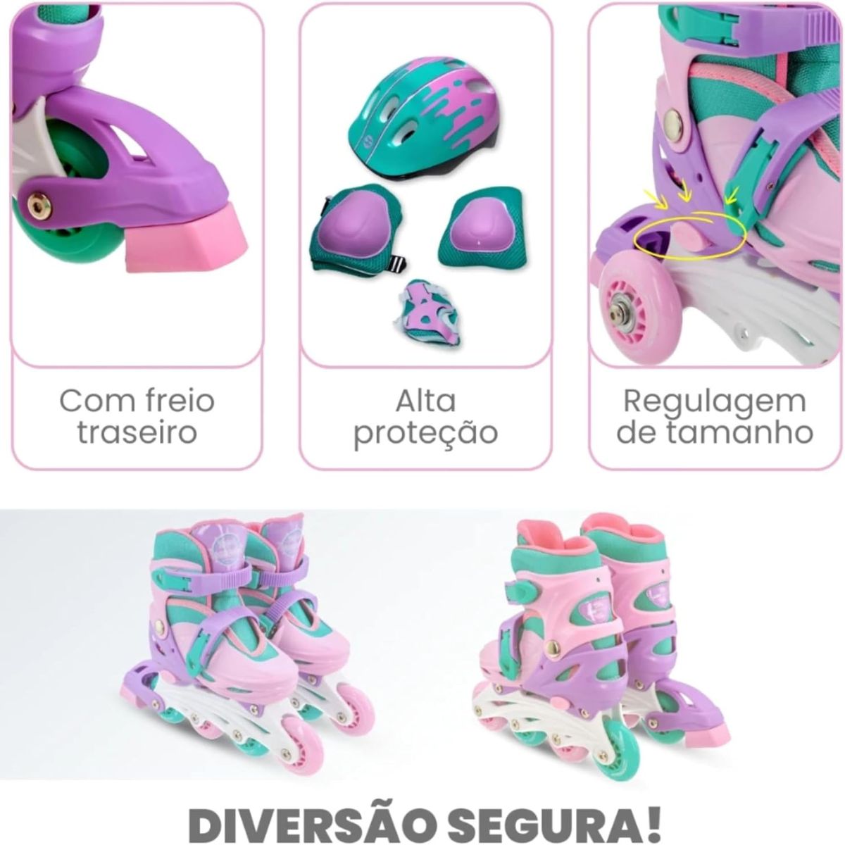 Patins Infantil 4 Rodas Inline com Proteção para Menina a Partir de 3 Anos até 60Kg - Imagem 3