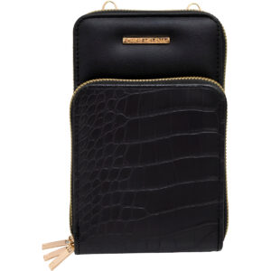 Bolsa Carteira Feminina Com Alça Textura Croco Cor:Preto