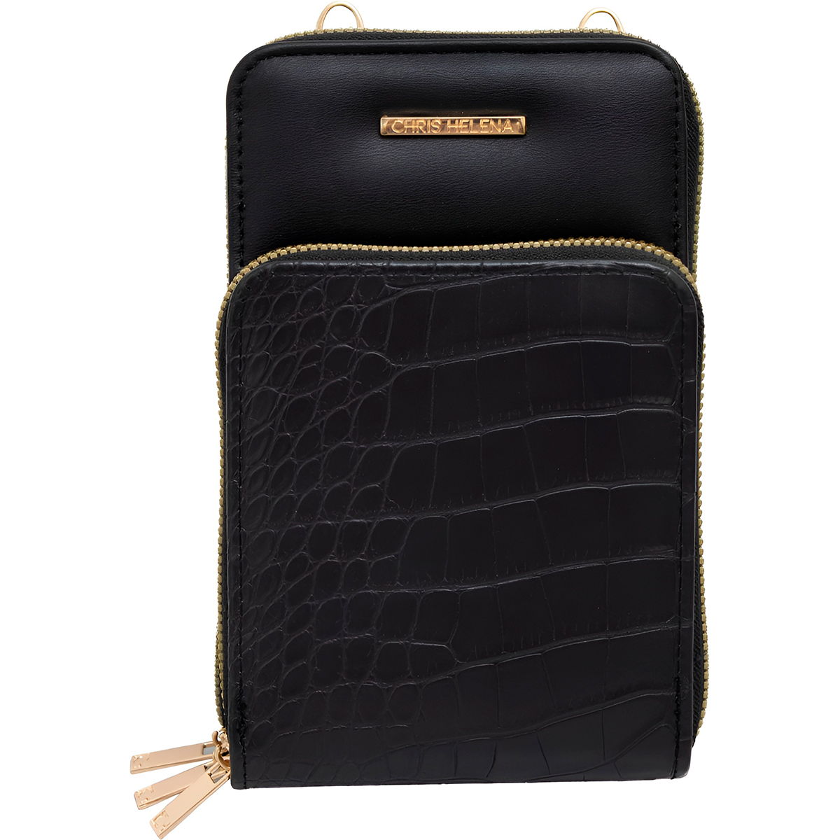Bolsa Carteira Feminina Com Alça Textura Croco Cor:Preto