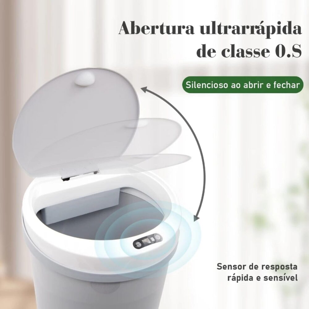Lixeira Automática com Sensor Inteligente 12L Redonda Cinza para Cozinha Banheiro Escritório - Imagem 6