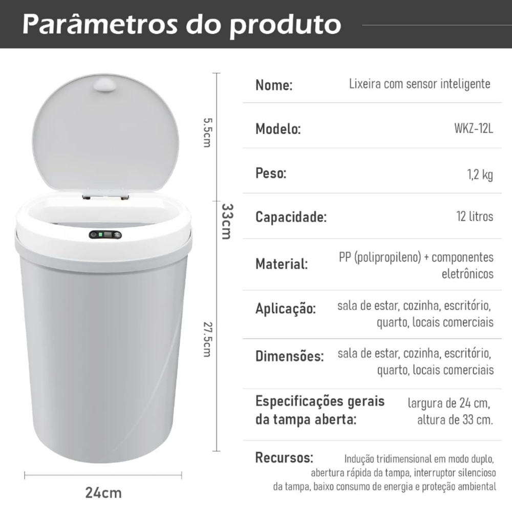 Lixeira Automática com Sensor Inteligente 12L Redonda Cinza para Cozinha Banheiro Escritório - Imagem 9