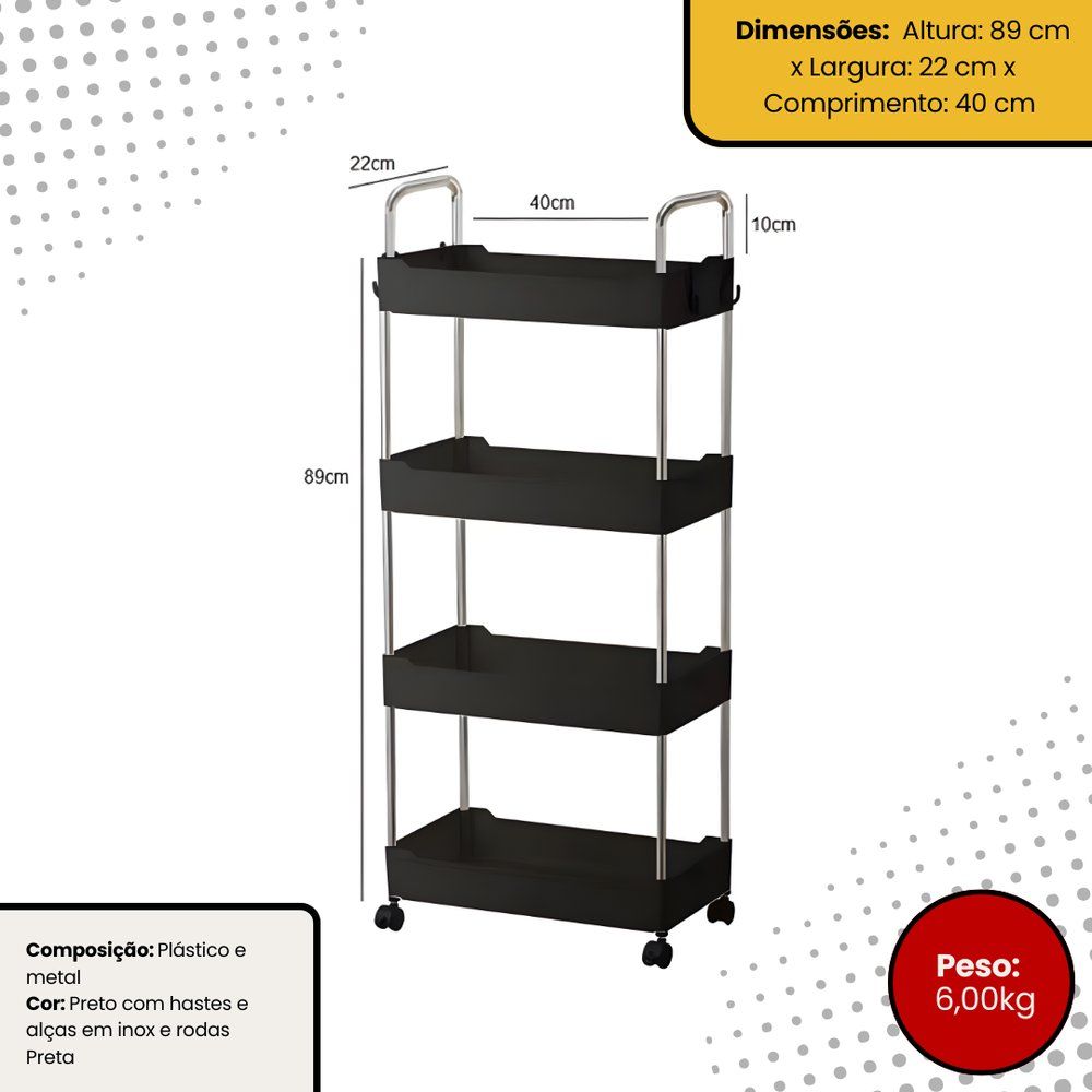 Prateleira Carrinho Auxiliar Organizador de Objetos 4 Andares com Rodinhas Multiuso - Imagem 4