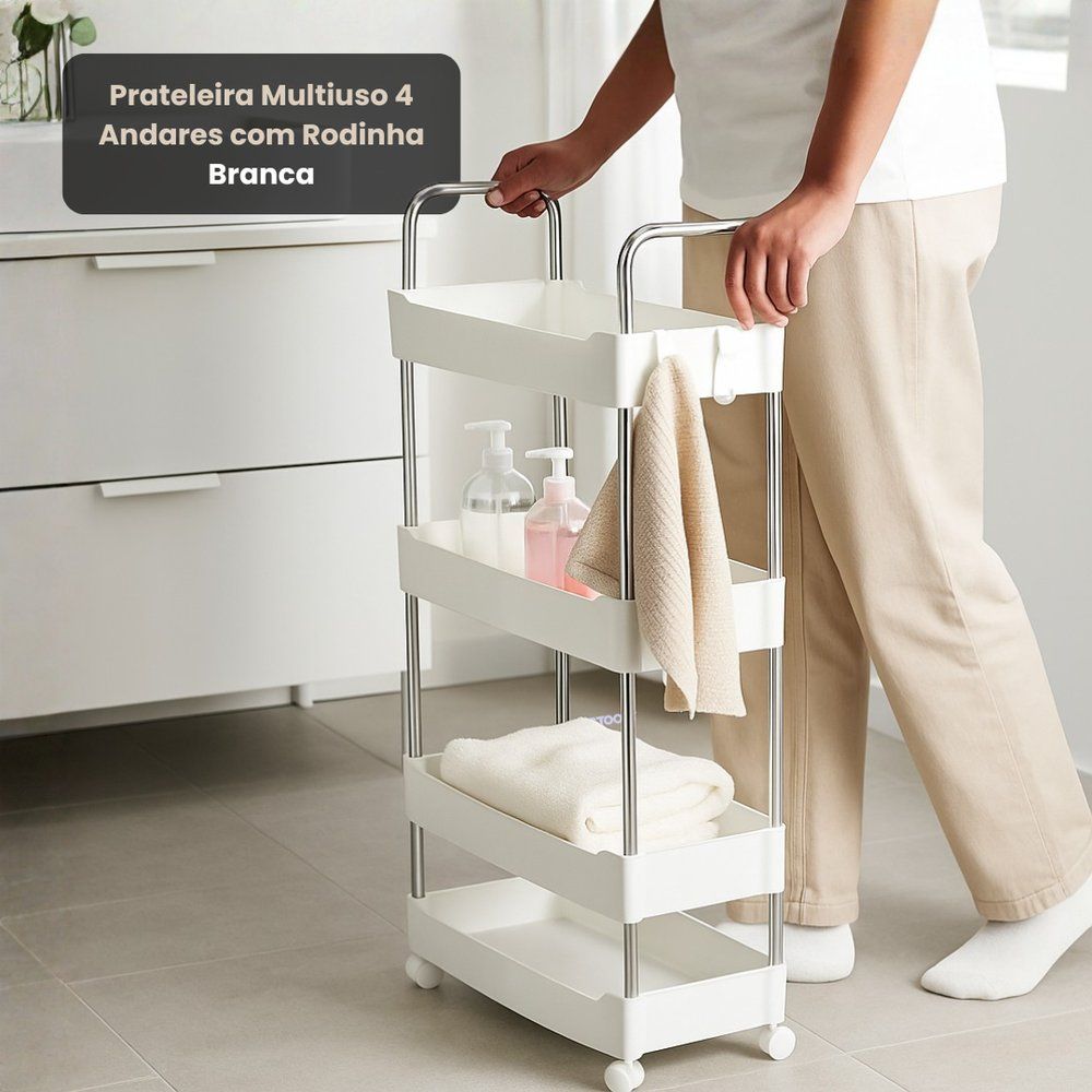 Prateleira Carrinho Auxiliar Organizador de Objetos Multiuso 4 Andares com Rodinhas Branco - Imagem 2