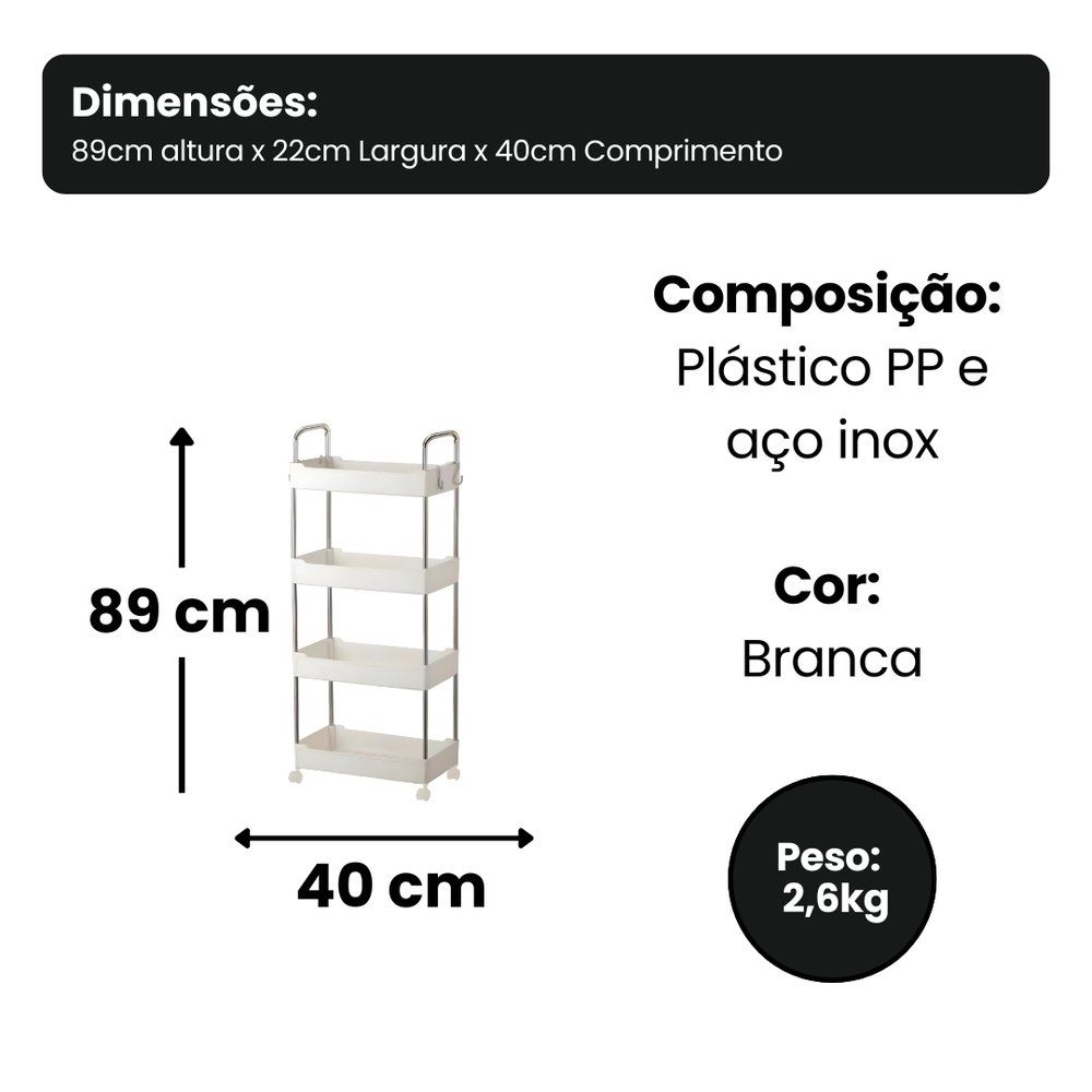 Prateleira Carrinho Auxiliar Organizador de Objetos Multiuso 4 Andares com Rodinhas Branco - Imagem 4