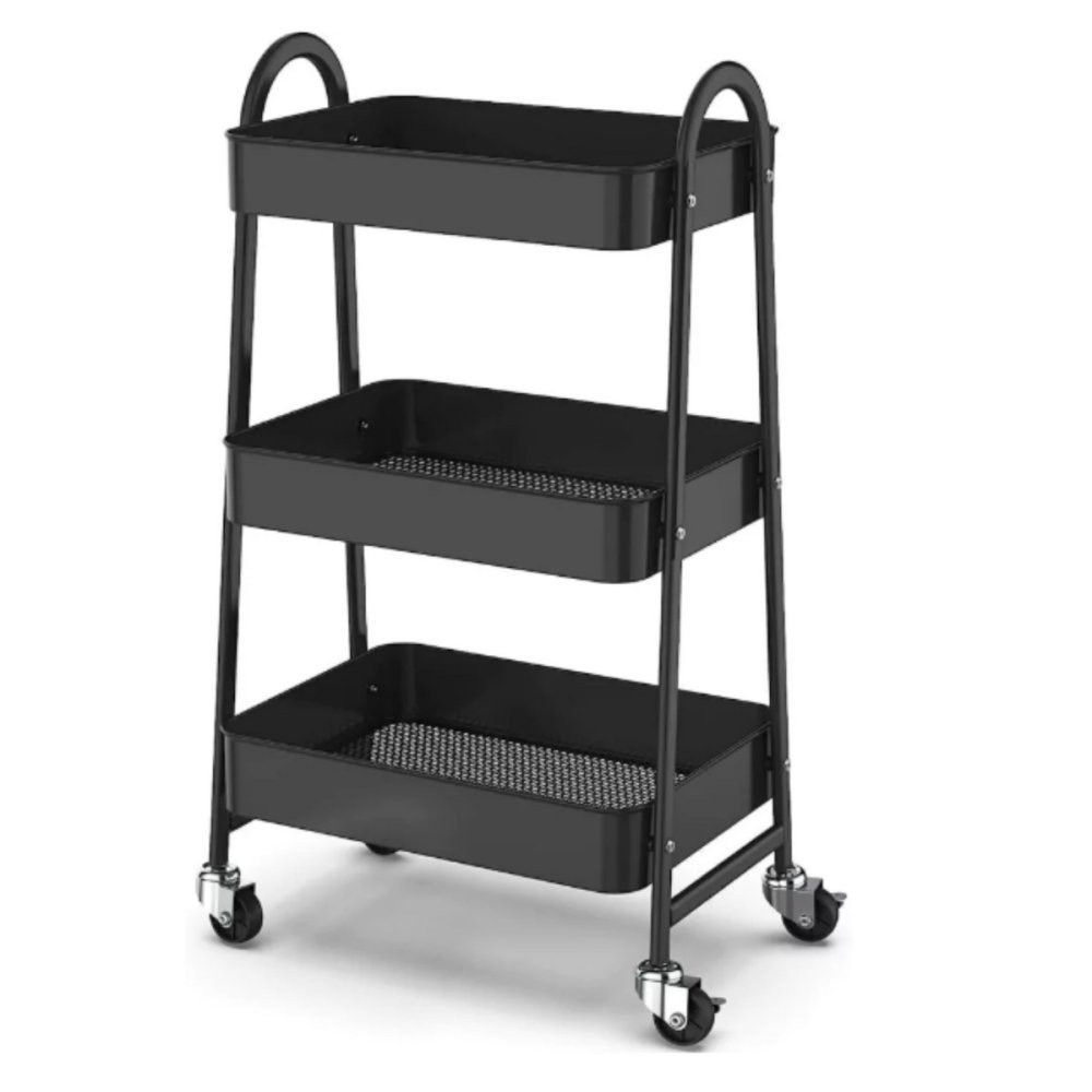 Prateleira Carrinho Organizador de Metal Multiuso Preta 3 Andares com Rodinhas