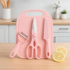 Kit Jogo De Utensílios De Cozinha 4 Peças Faca Tábua Tesoura E Descascador Aço Inox Rosa