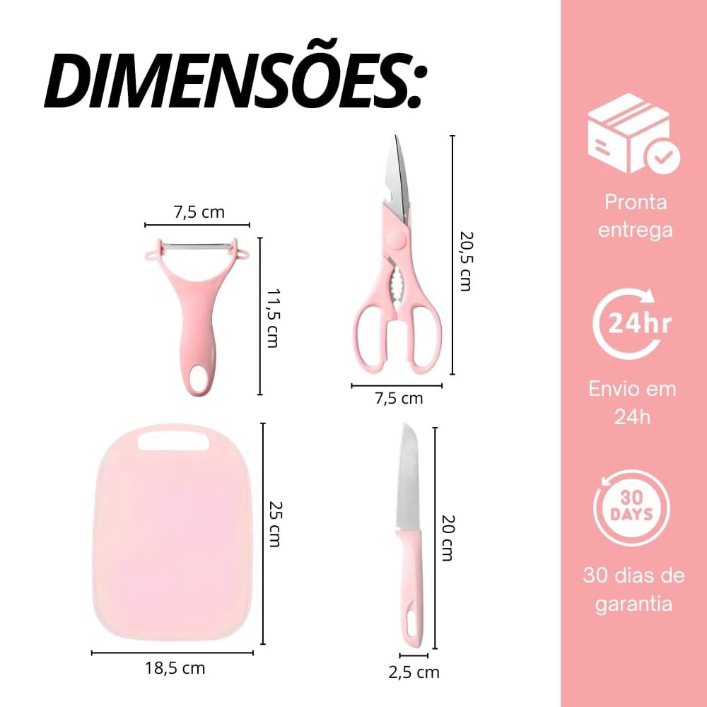 Kit Jogo De Utensílios De Cozinha 4 Peças Faca Tábua Tesoura E Descascador Aço Inox Rosa - Imagem 2