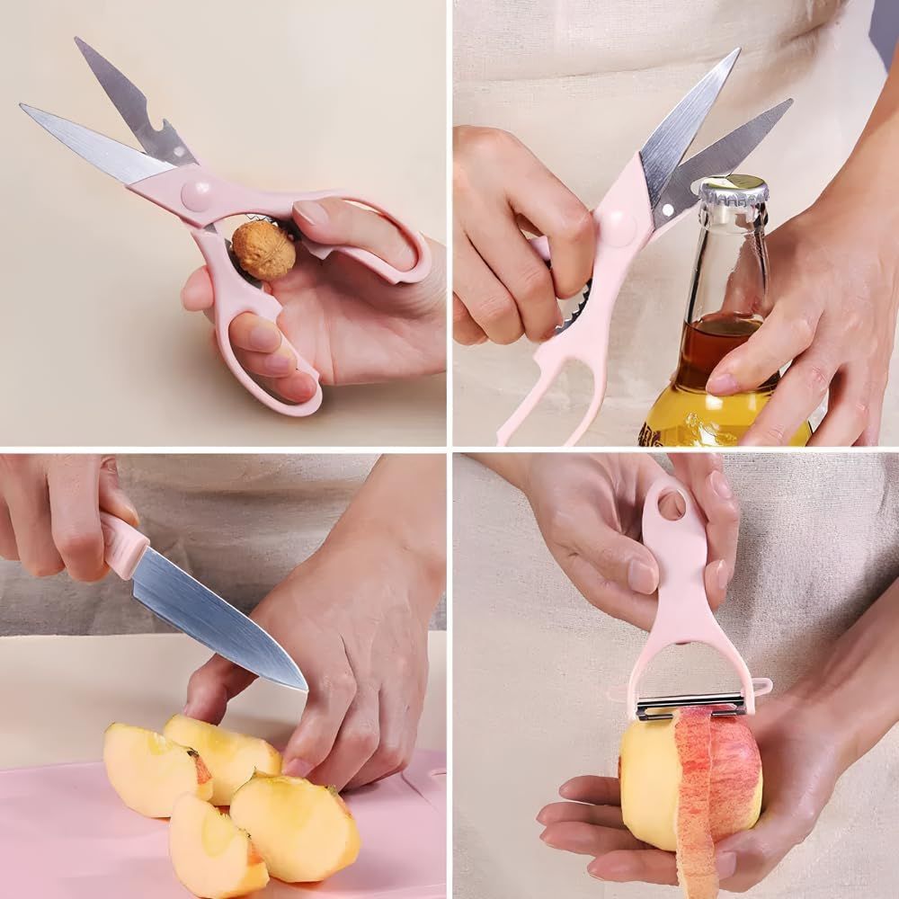 Kit Jogo De Utensílios De Cozinha 4 Peças Faca Tábua Tesoura E Descascador Aço Inox Rosa - Imagem 8