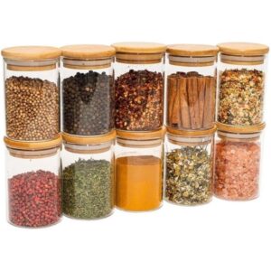 Kit  10 Pote de Vidro para Mantimentos 550ml com Tampa de Bambu Hermético Resistente Redondo