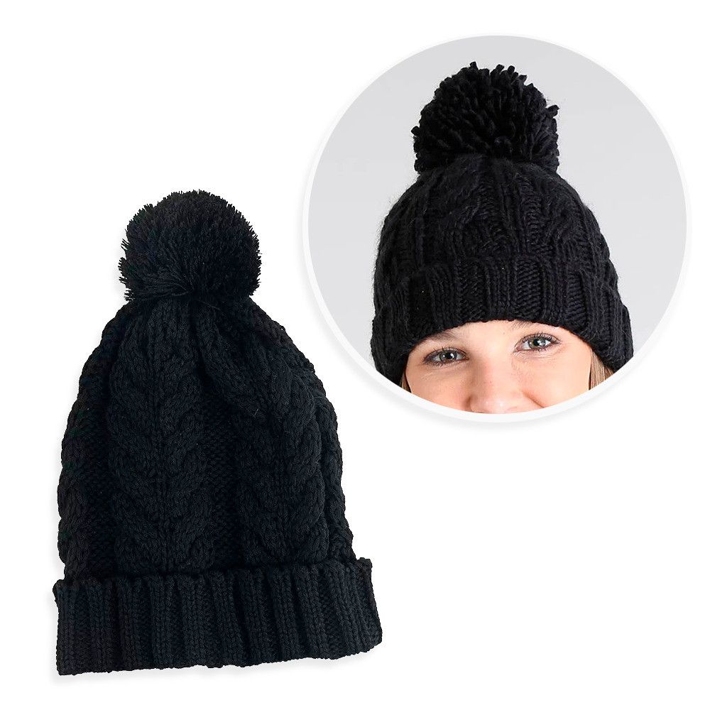 Touca De Frio Com Pompom Preta Gorro De Lã Tricot Inverno - Imagem 2